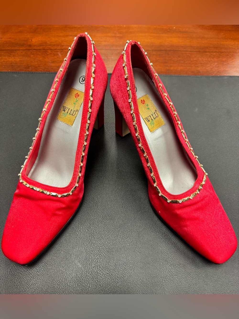 VINTAGE RARE-Wild Rose Red Block Heel Pumps with Gold Beaded Trim (9)